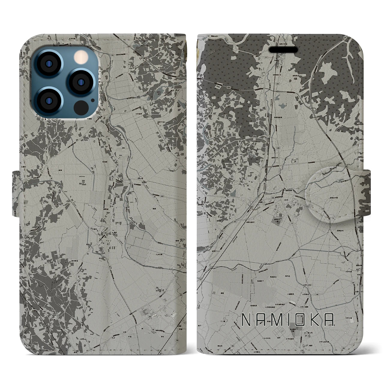 【浪岡(青森県)】地図柄iPhoneケース(手帳タイプ)モノトーン・iPhone 12 / 12 Pro 用