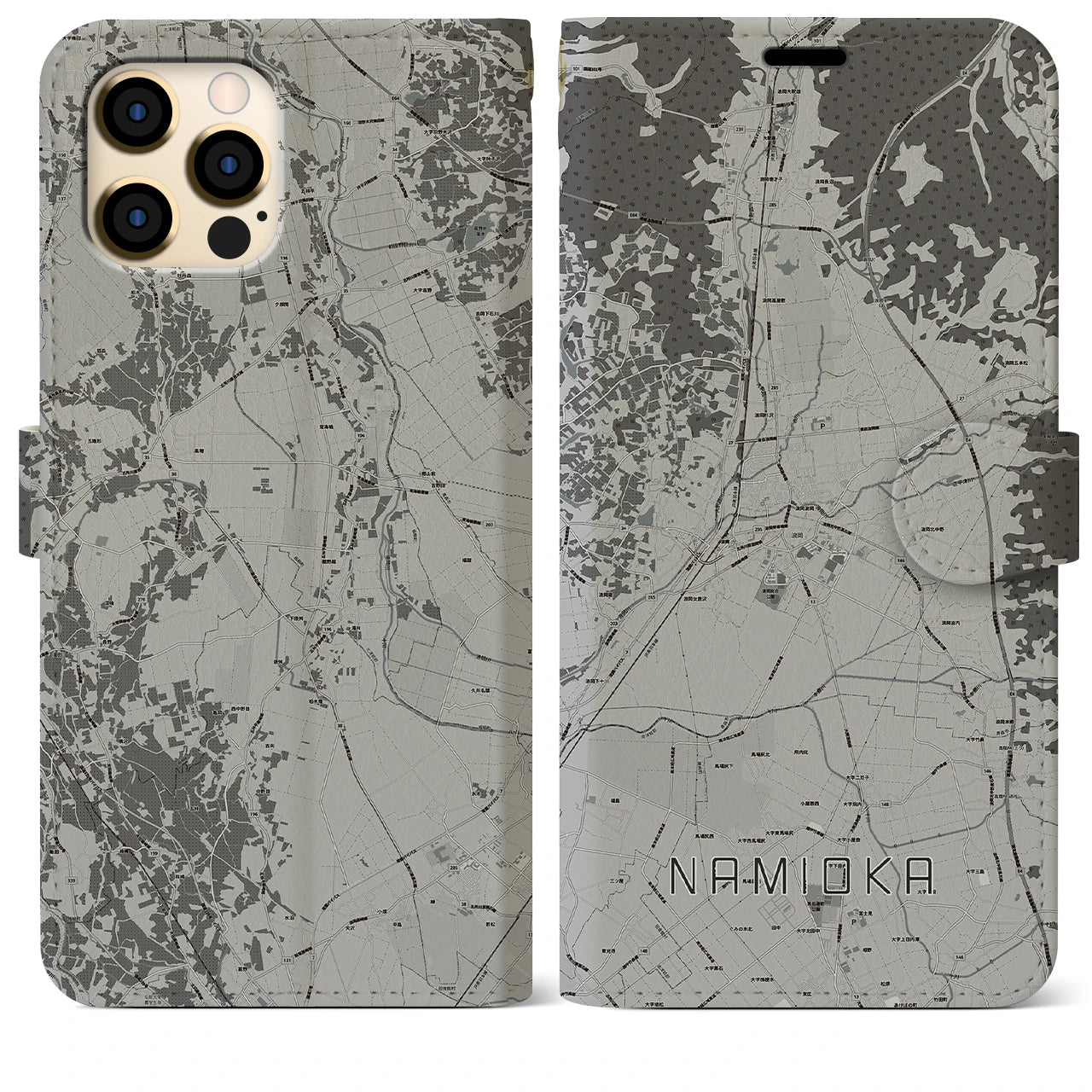 【浪岡(青森県)】地図柄iPhoneケース(手帳タイプ)モノトーン・iPhone 12 Pro Max 用
