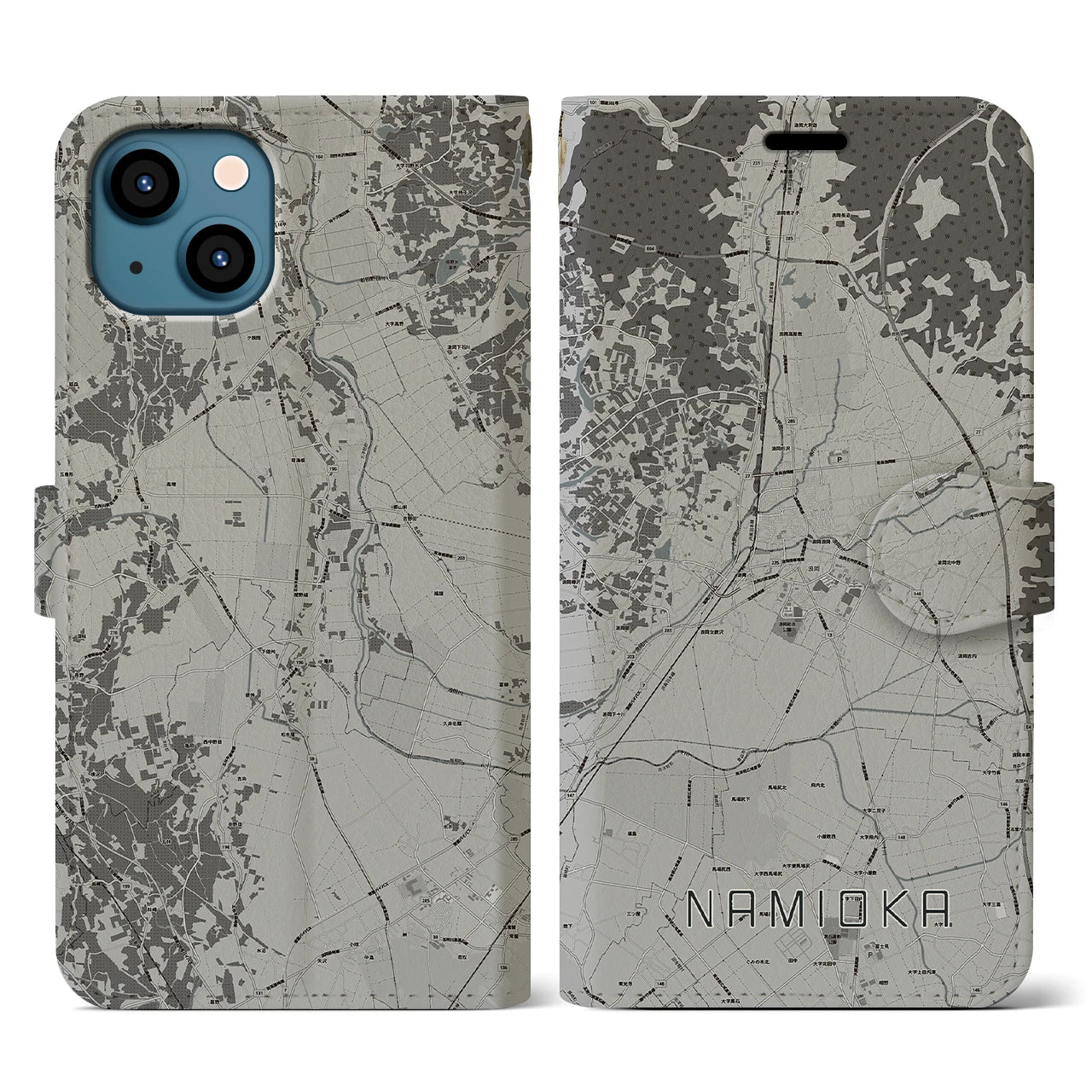【浪岡(青森県)】地図柄iPhoneケース(手帳タイプ)モノトーン・iPhone 13 用