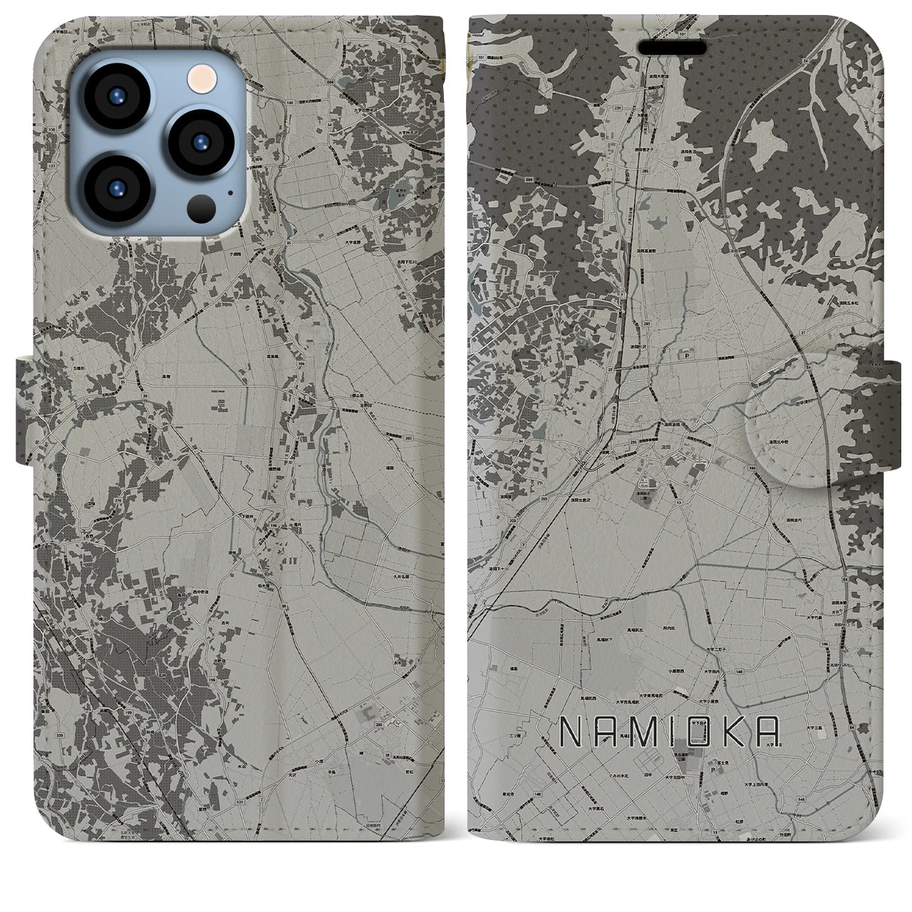 【浪岡(青森県)】地図柄iPhoneケース(手帳タイプ)モノトーン・iPhone 13 Pro Max 用