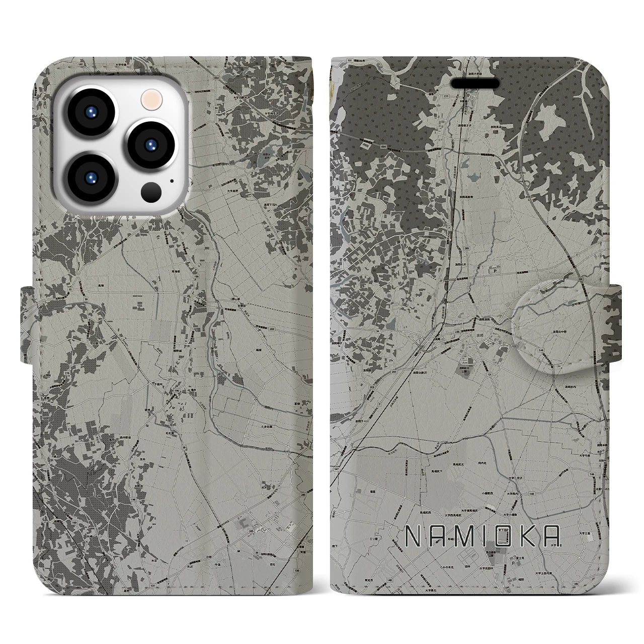【浪岡(青森県)】地図柄iPhoneケース(手帳タイプ)モノトーン・iPhone 13 Pro 用