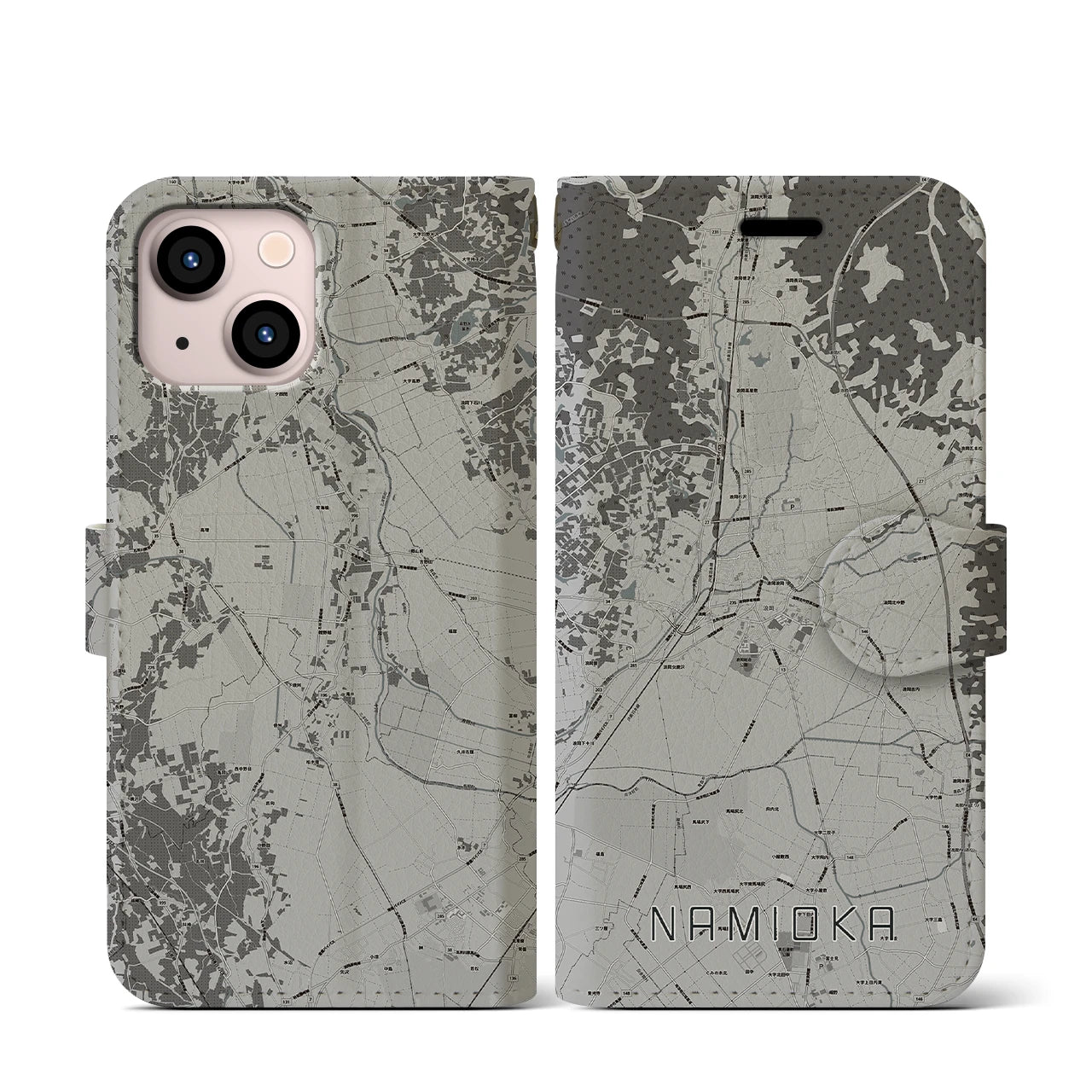 【浪岡(青森県)】地図柄iPhoneケース(手帳タイプ)モノトーン・iPhone 13 mini 用