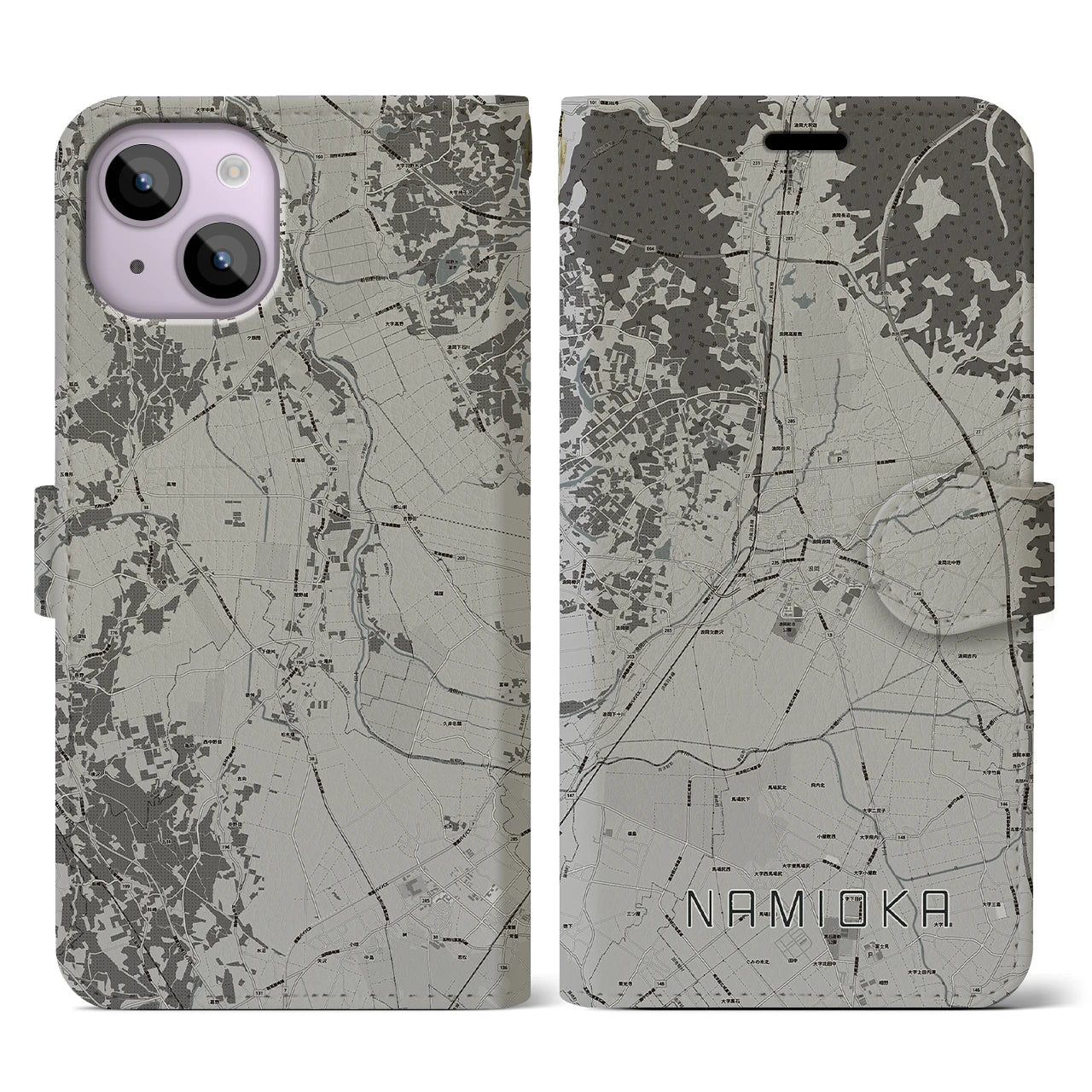 【浪岡(青森県)】地図柄iPhoneケース(手帳タイプ)モノトーン・iPhone 14 用