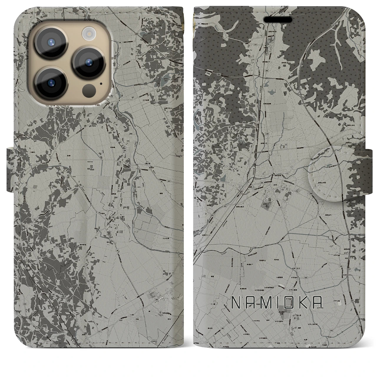 【浪岡(青森県)】地図柄iPhoneケース(手帳タイプ)モノトーン・iPhone 14 Pro Max 用