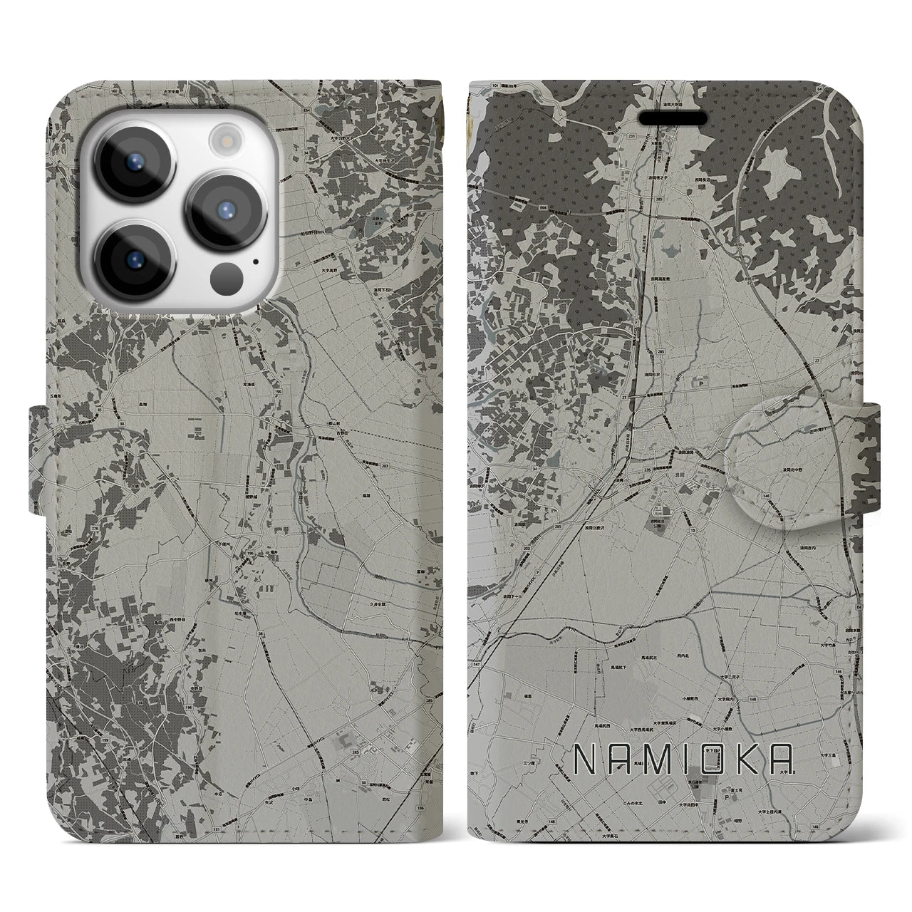 【浪岡(青森県)】地図柄iPhoneケース(手帳タイプ)モノトーン・iPhone 14 Pro 用