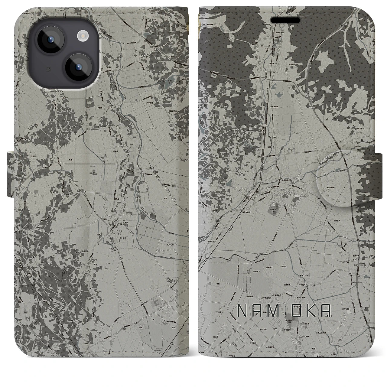 【浪岡(青森県)】地図柄iPhoneケース(手帳タイプ)モノトーン・iPhone 14 Plus 用