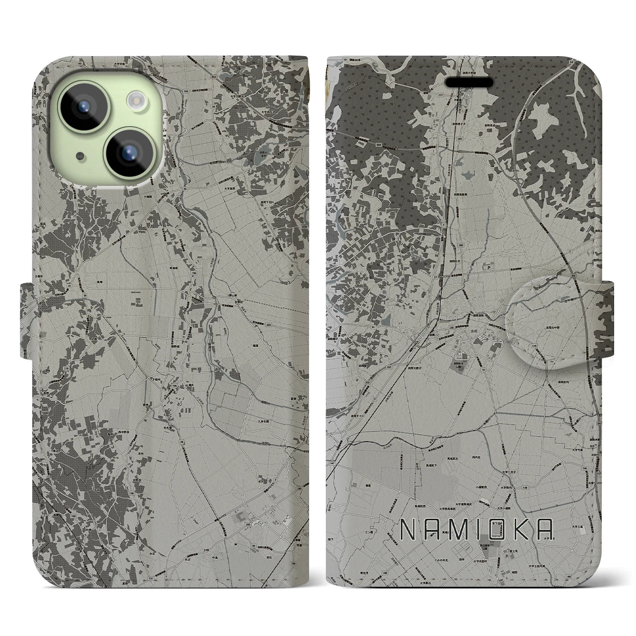 【浪岡(青森県)】地図柄iPhoneケース(手帳タイプ)モノトーン・iPhone 15 用