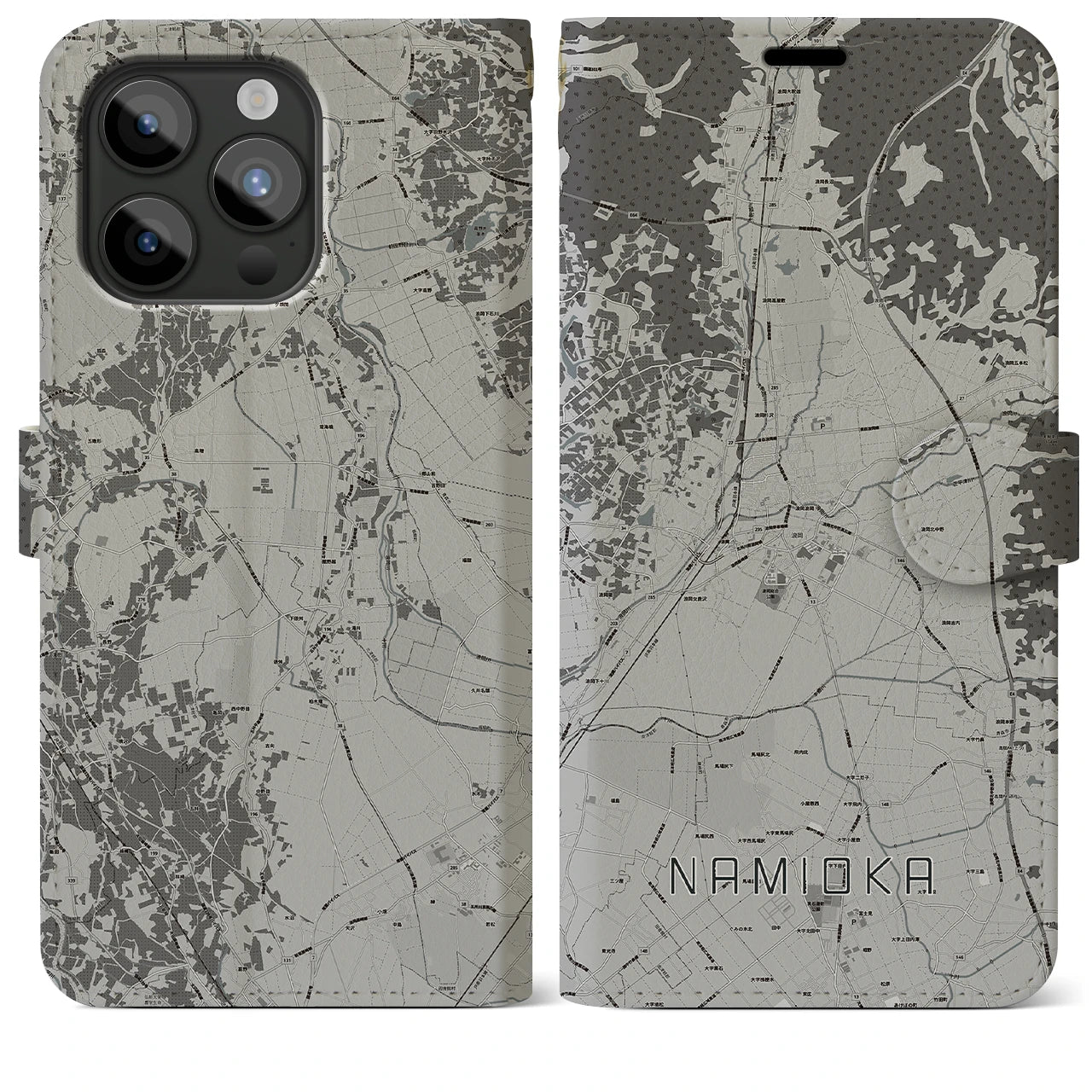 【浪岡(青森県)】地図柄iPhoneケース(手帳タイプ)モノトーン・iPhone 15 Pro Max 用