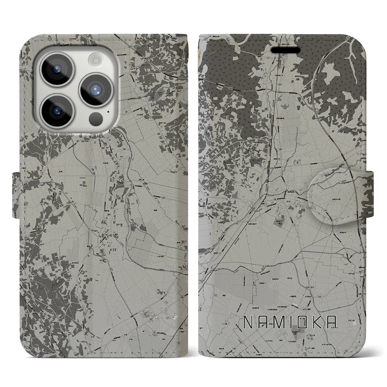 【浪岡(青森県)】地図柄iPhoneケース(手帳タイプ)モノトーン・iPhone 15 Pro 用