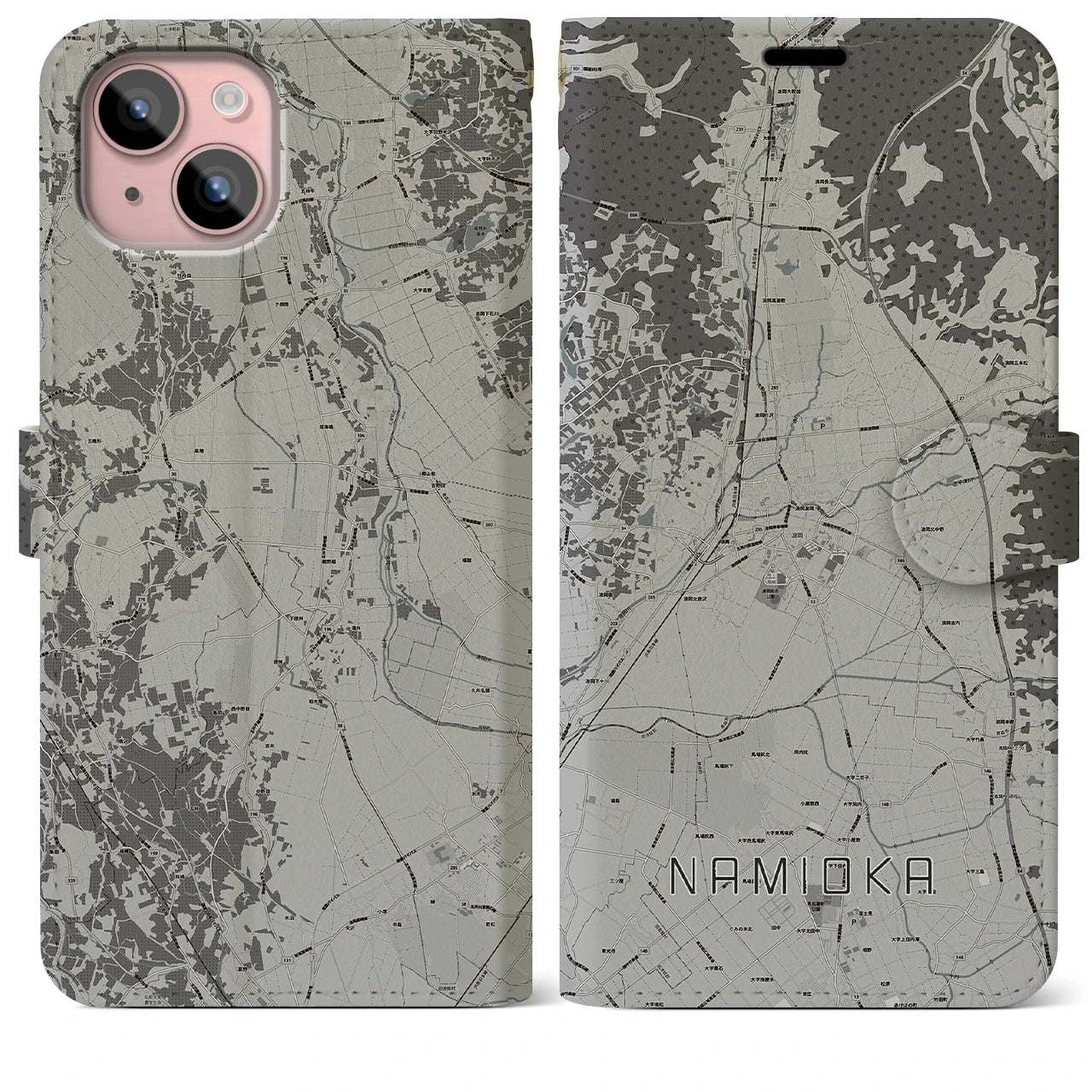 【浪岡(青森県)】地図柄iPhoneケース(手帳タイプ)モノトーン・iPhone 15 Plus 用