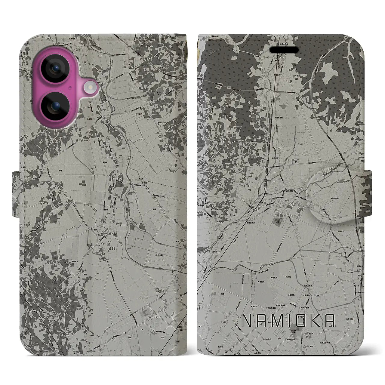【浪岡(青森県)】地図柄iPhoneケース(手帳タイプ)モノトーン・iPhone 16 Pro 用