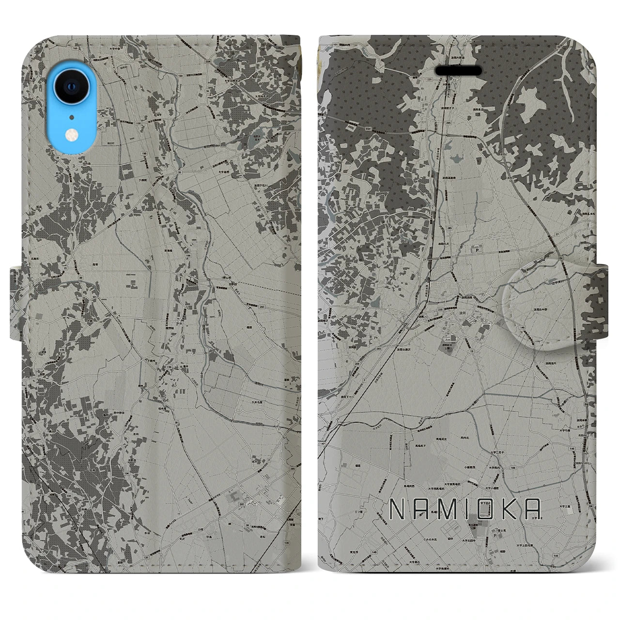 【浪岡(青森県)】地図柄iPhoneケース(手帳タイプ)モノトーン・iPhone XR 用