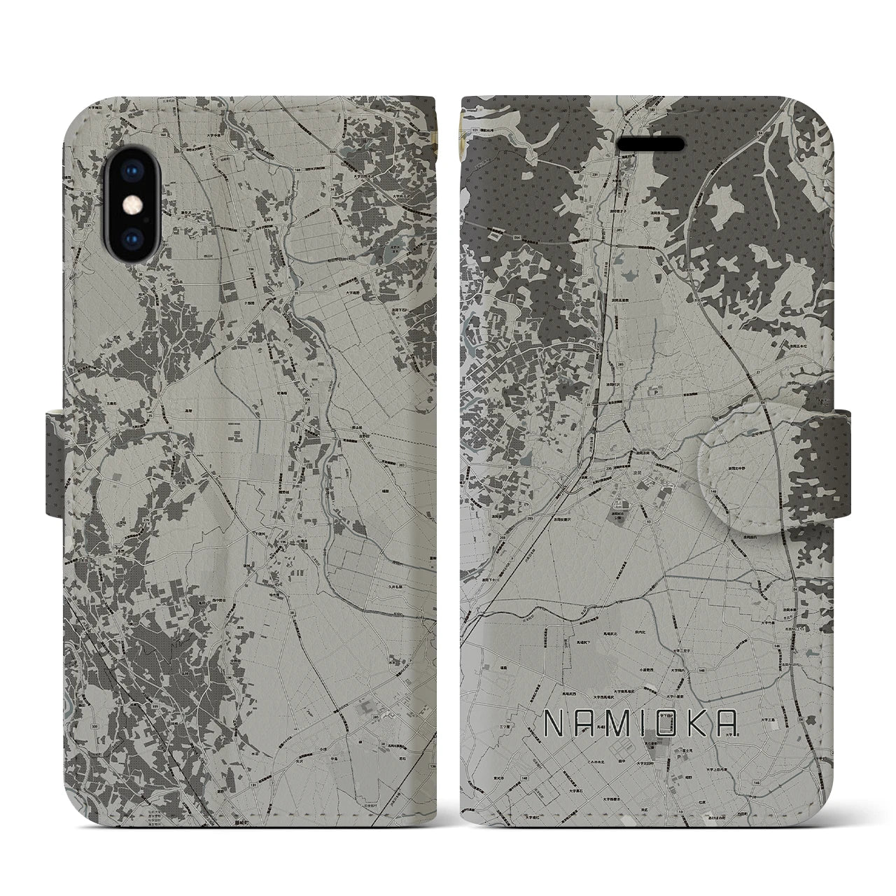 【浪岡(青森県)】地図柄iPhoneケース(手帳タイプ)モノトーン・iPhone XS / X 用