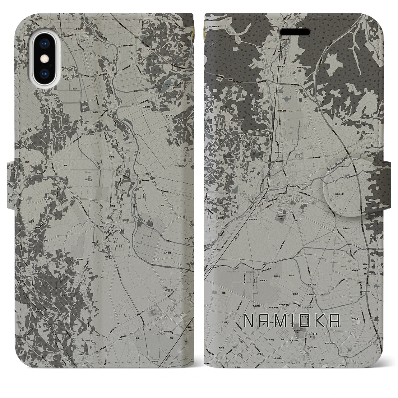 【浪岡(青森県)】地図柄iPhoneケース(手帳タイプ)モノトーン・iPhone XS Max 用
