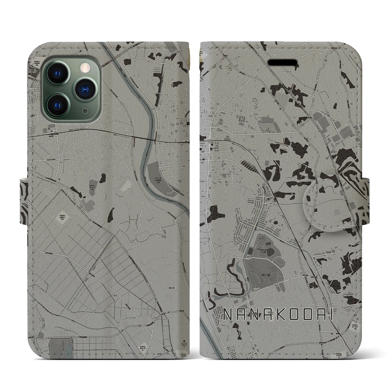 【七光台(千葉県)】地図柄iPhoneケース(手帳タイプ)モノトーン・iPhone 11 Pro 用