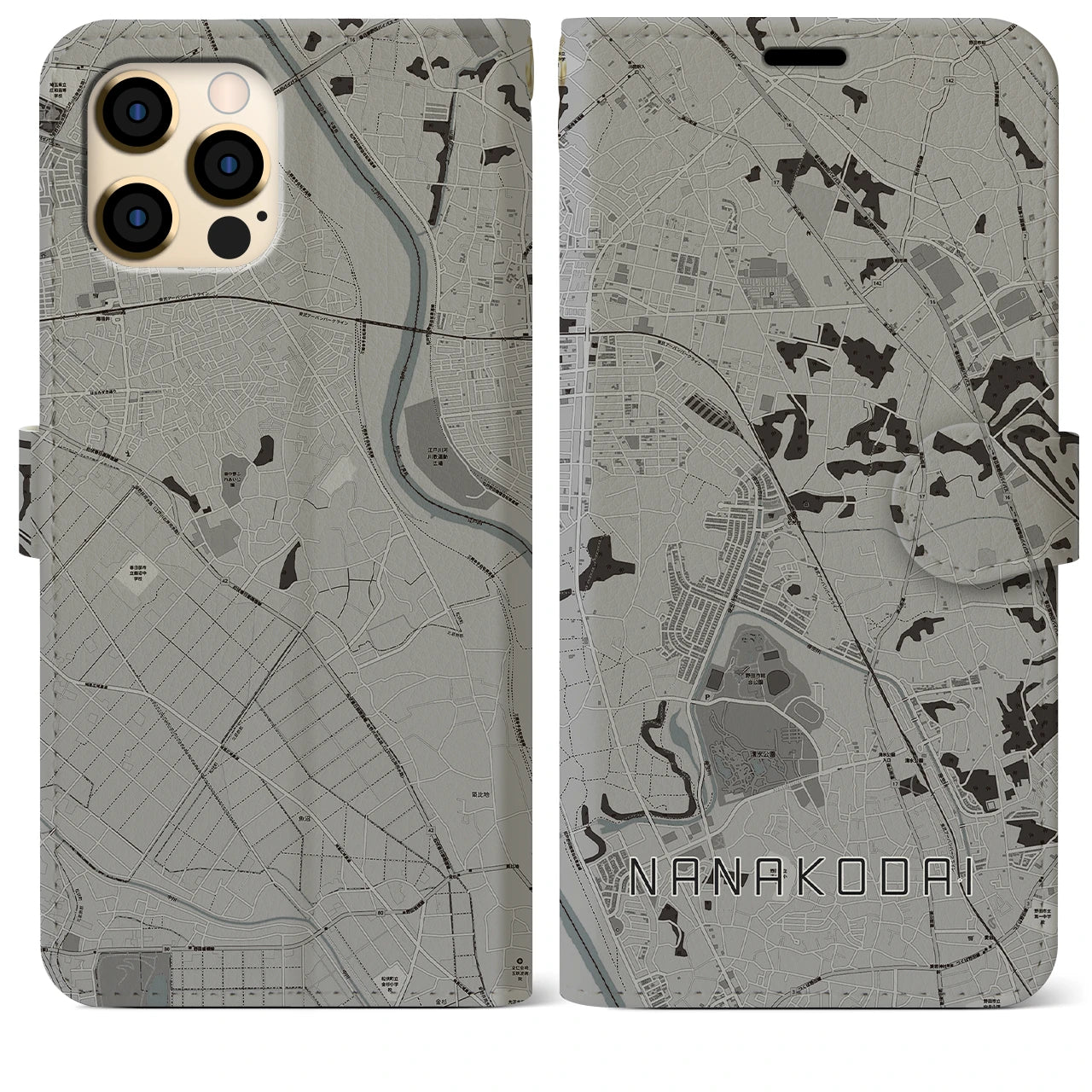 【七光台(千葉県)】地図柄iPhoneケース(手帳タイプ)モノトーン・iPhone 12 Pro Max 用