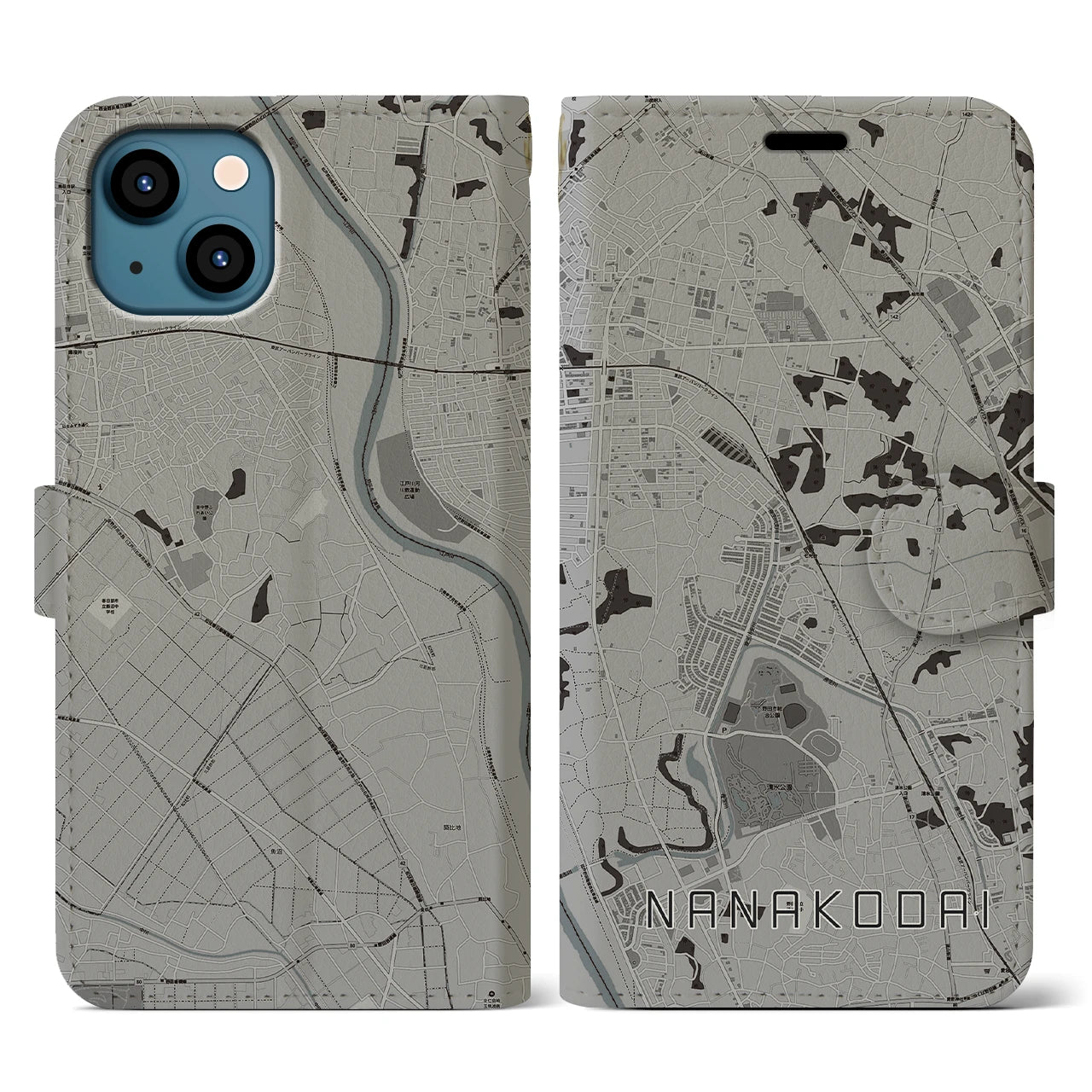 【七光台(千葉県)】地図柄iPhoneケース(手帳タイプ)モノトーン・iPhone 13 用