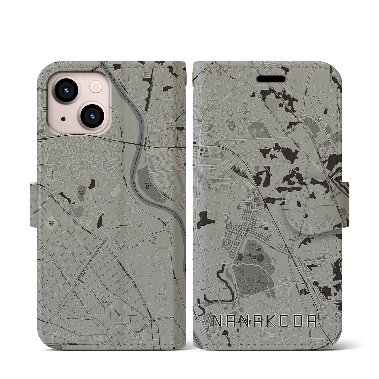 【七光台(千葉県)】地図柄iPhoneケース(手帳タイプ)モノトーン・iPhone 13 mini 用