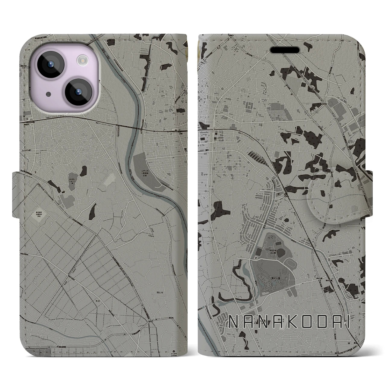 【七光台(千葉県)】地図柄iPhoneケース(手帳タイプ)モノトーン・iPhone 14 用