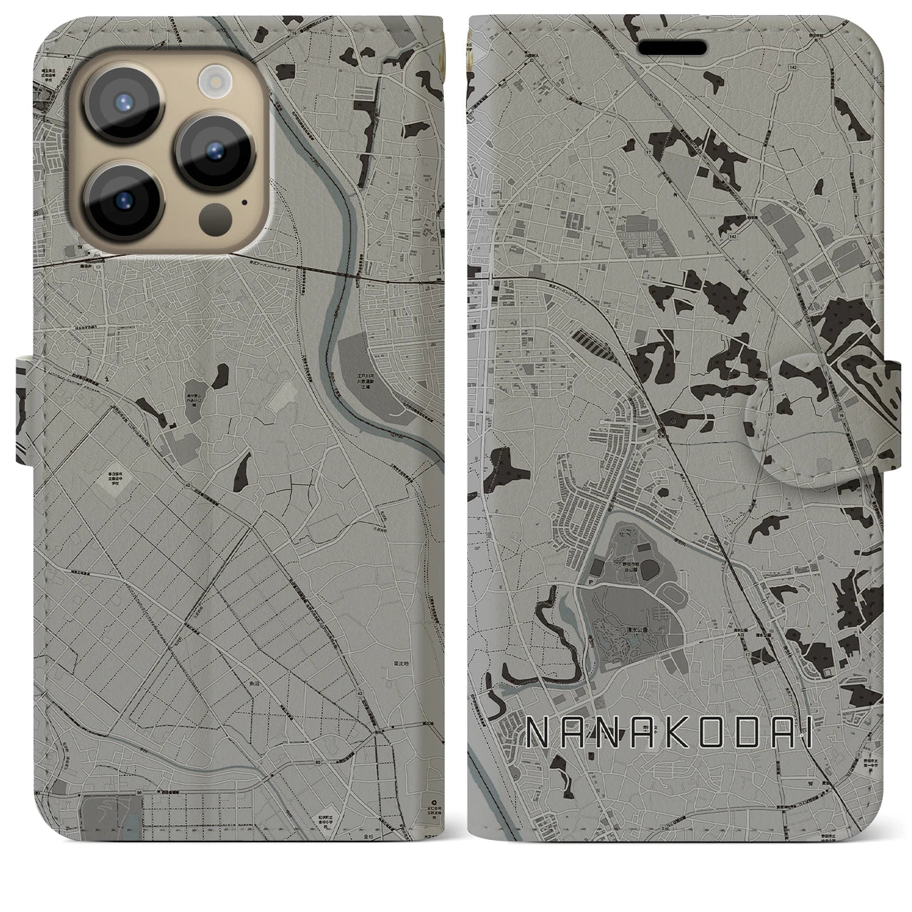 【七光台(千葉県)】地図柄iPhoneケース(手帳タイプ)モノトーン・iPhone 14 Pro Max 用