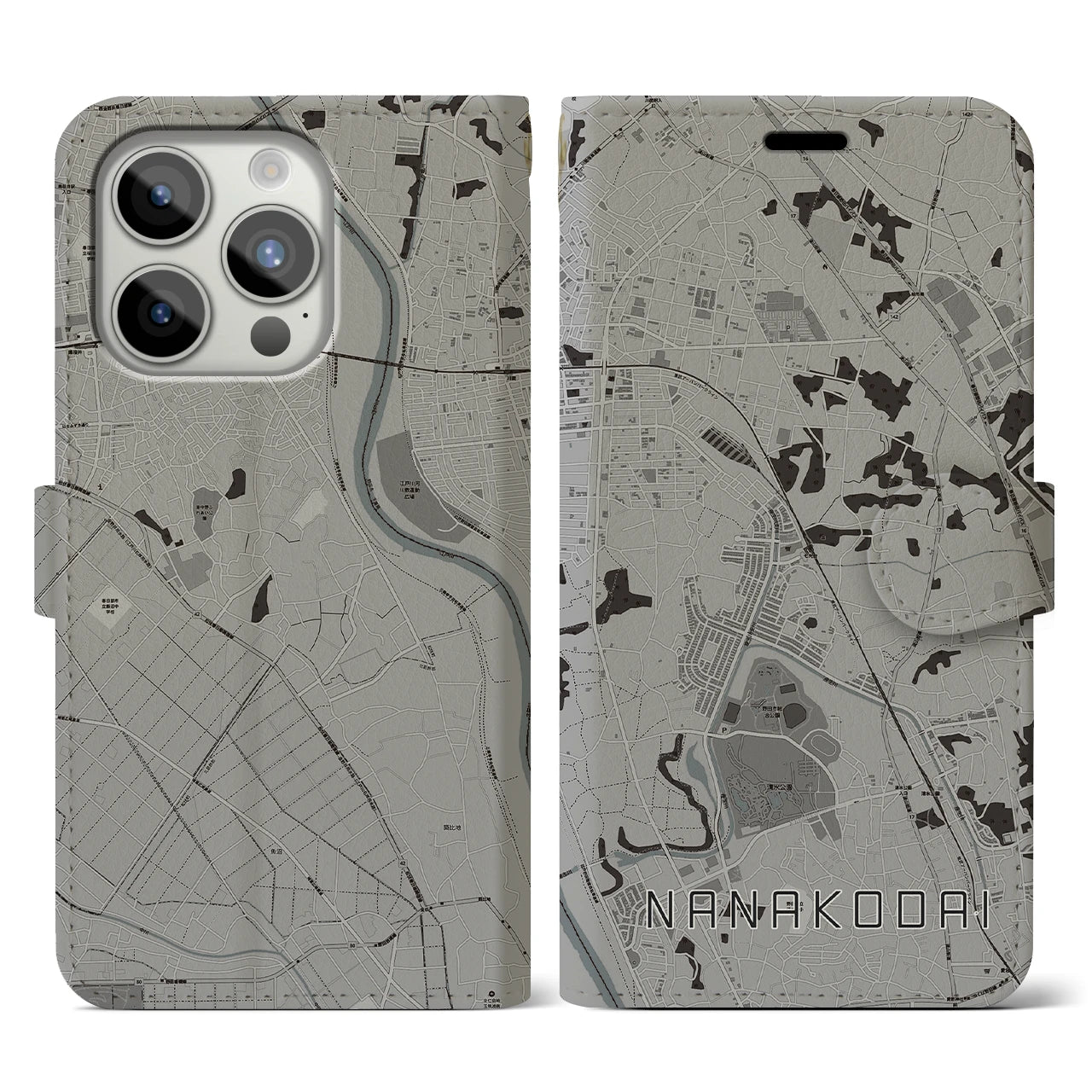 【七光台(千葉県)】地図柄iPhoneケース(手帳タイプ)モノトーン・iPhone 15 Pro 用