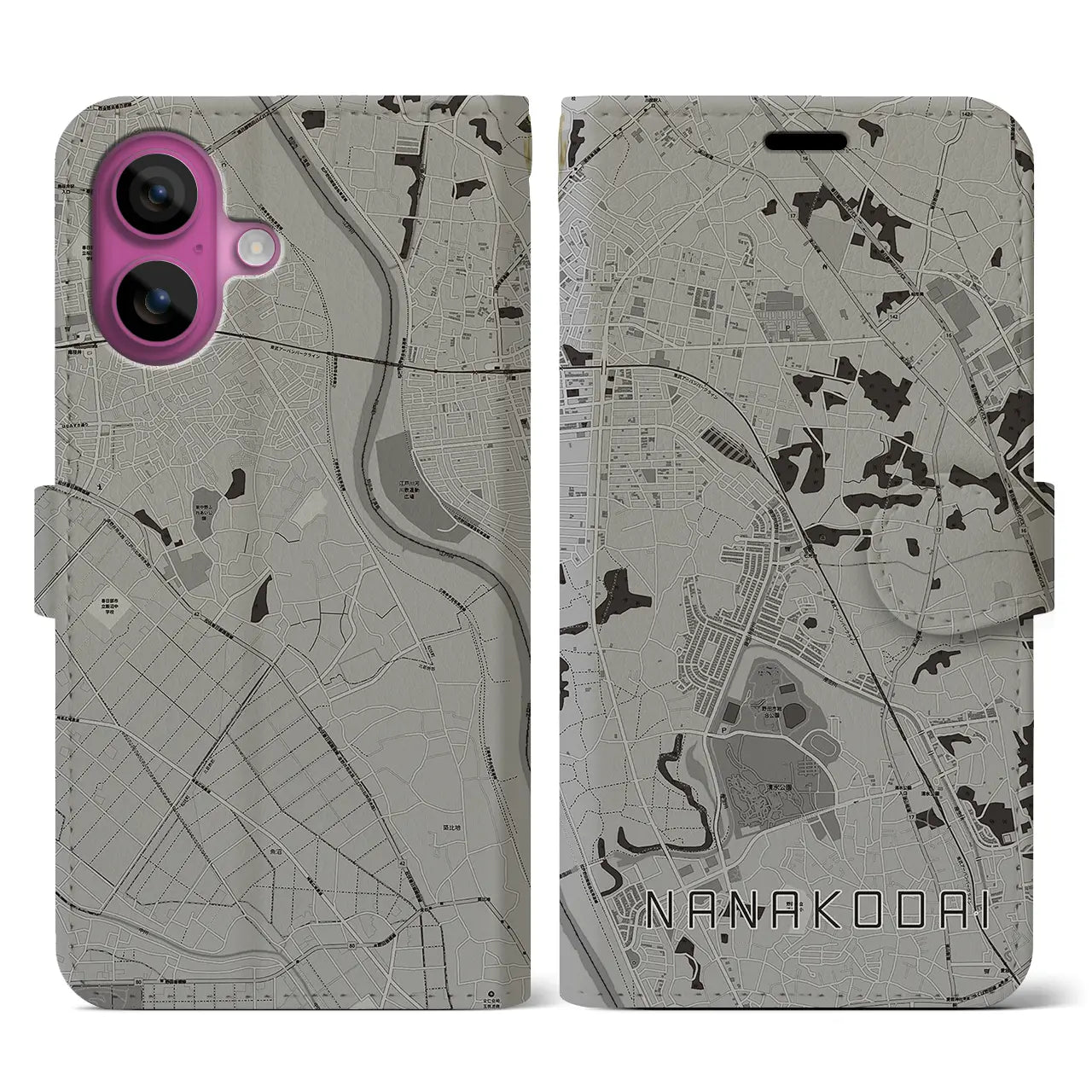 【七光台(千葉県)】地図柄iPhoneケース(手帳タイプ)モノトーン・iPhone 16 Pro 用