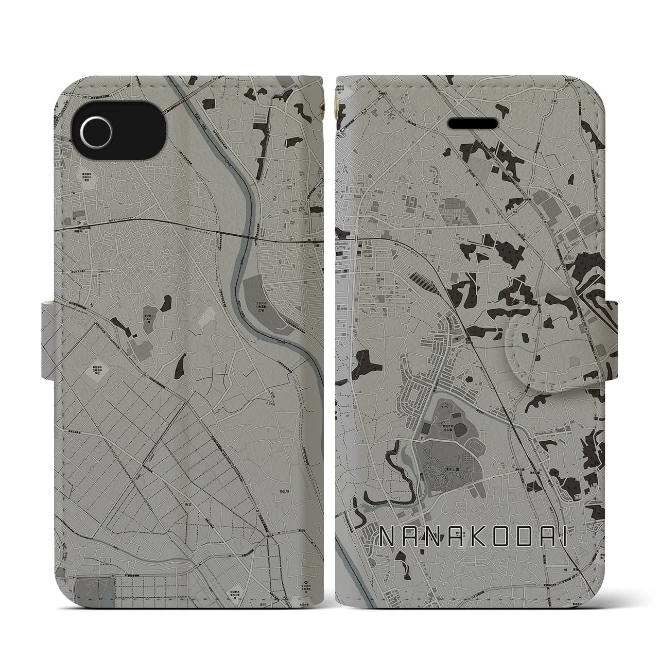 【七光台(千葉県)】地図柄iPhoneケース(手帳タイプ)モノトーン・iPhone SE(第3 / 第2世代) / 8 / 7 / 6s / 6 用