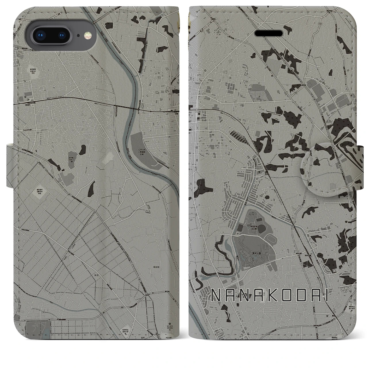 【七光台(千葉県)】地図柄iPhoneケース(手帳タイプ)モノトーン・iPhone 8Plus /7Plus / 6sPlus / 6Plus 用
