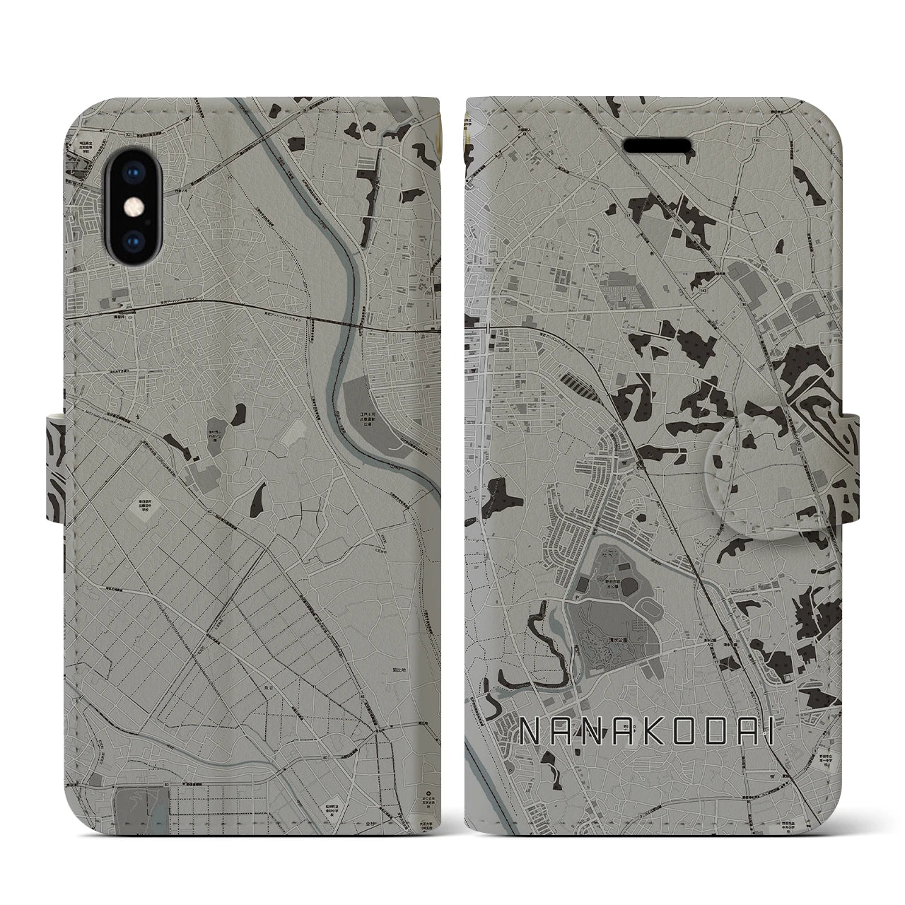 【七光台(千葉県)】地図柄iPhoneケース(手帳タイプ)モノトーン・iPhone XS / X 用