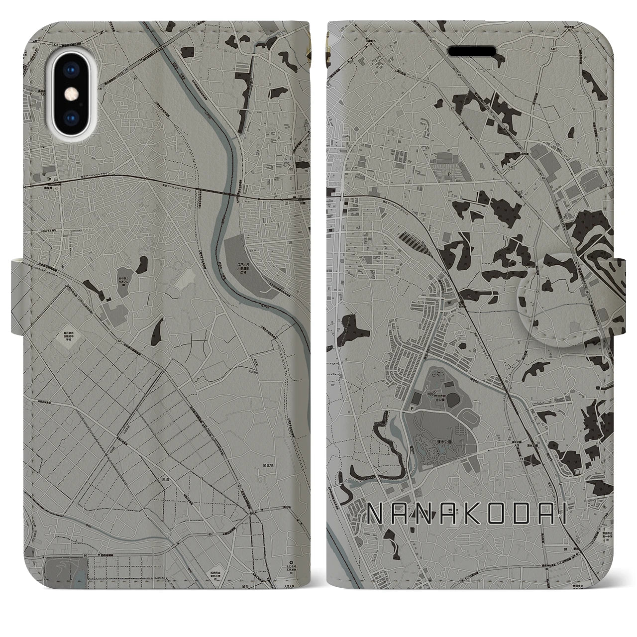 【七光台(千葉県)】地図柄iPhoneケース(手帳タイプ)モノトーン・iPhone XS Max 用