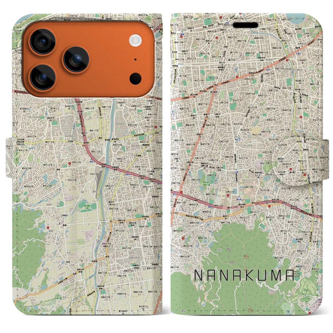 【七隈(福岡県)】地図柄iPhoneケース(手帳タイプ)ナチュラル・iPhone 17 Pro Max 用
