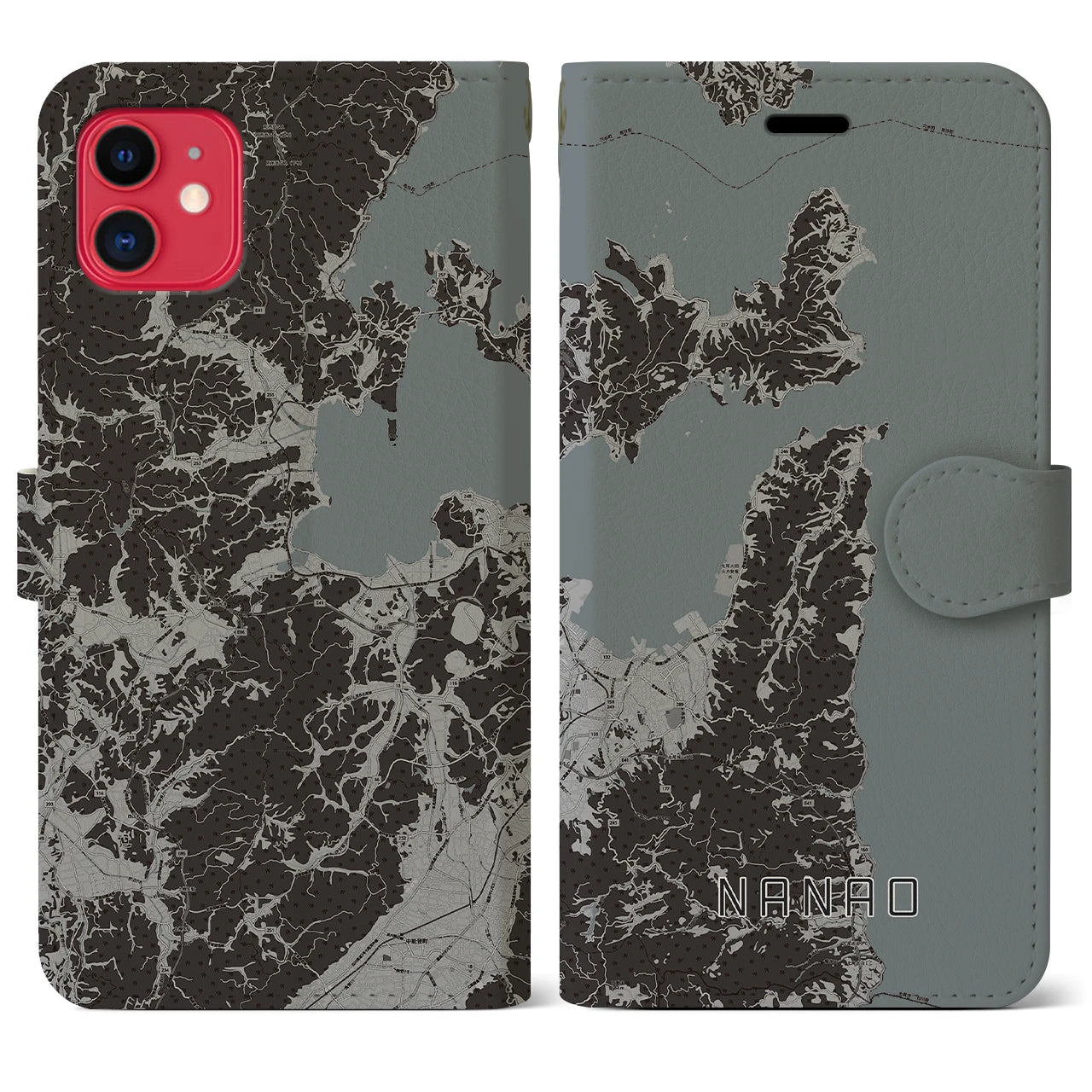 【七尾(石川県)】地図柄iPhoneケース(手帳タイプ)モノトーン・iPhone 11 用