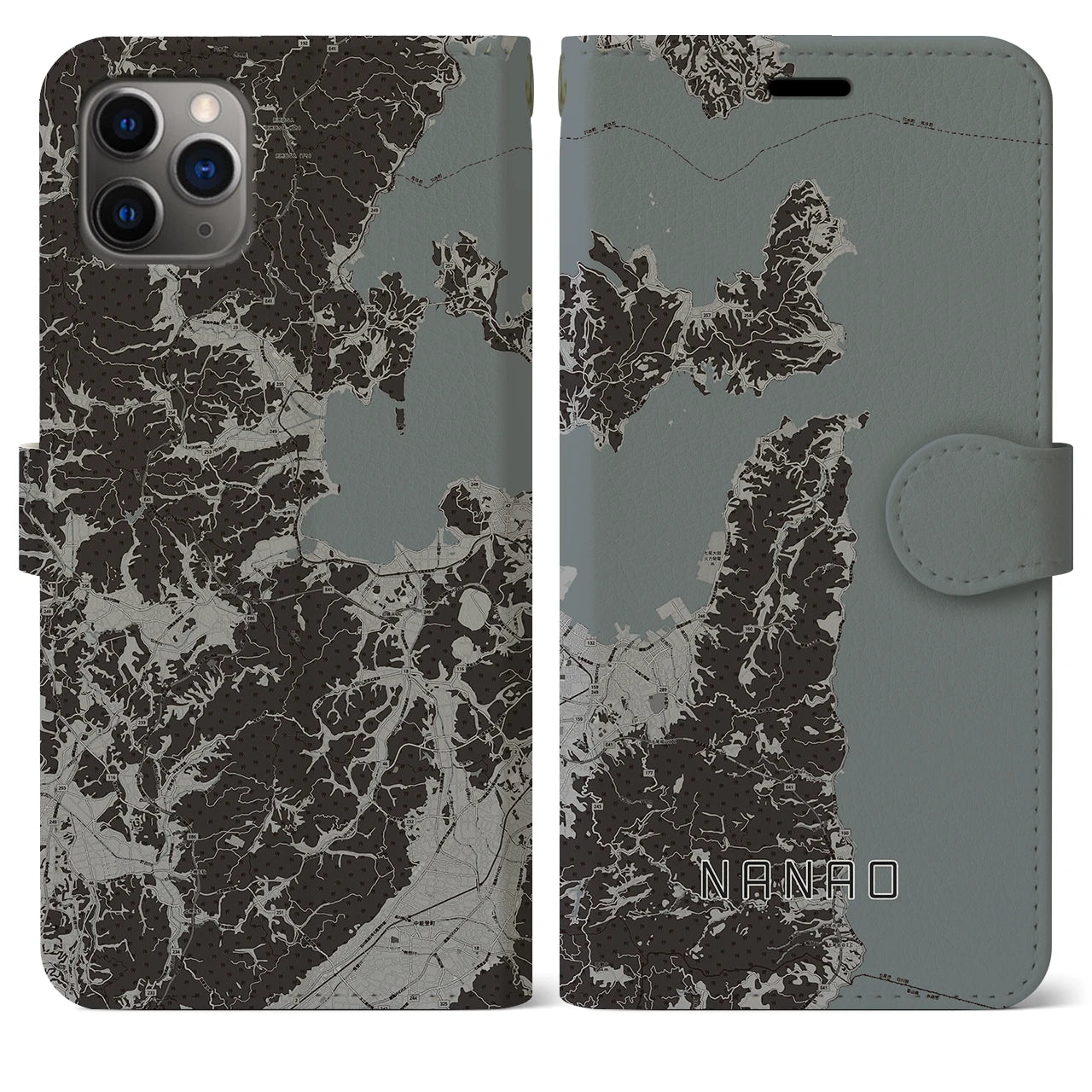 【七尾(石川県)】地図柄iPhoneケース(手帳タイプ)モノトーン・iPhone 11 Pro Max 用