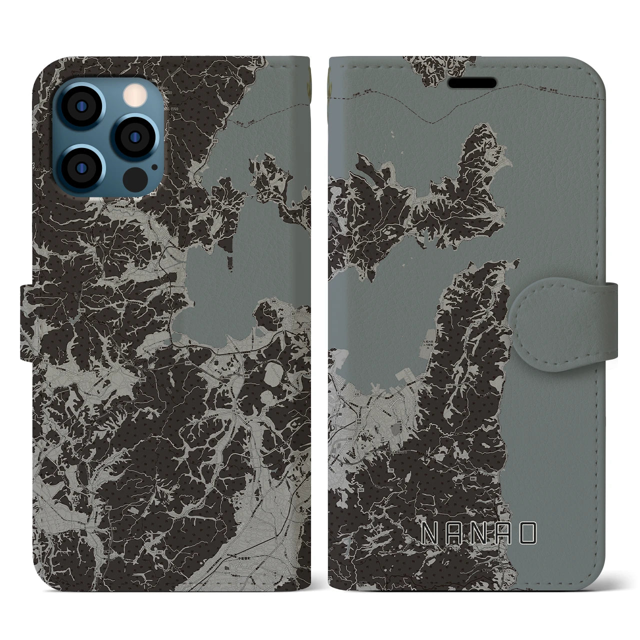 【七尾(石川県)】地図柄iPhoneケース(手帳タイプ)モノトーン・iPhone 12 / 12 Pro 用