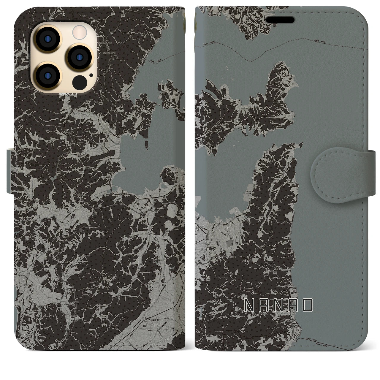 【七尾(石川県)】地図柄iPhoneケース(手帳タイプ)モノトーン・iPhone 12 Pro Max 用