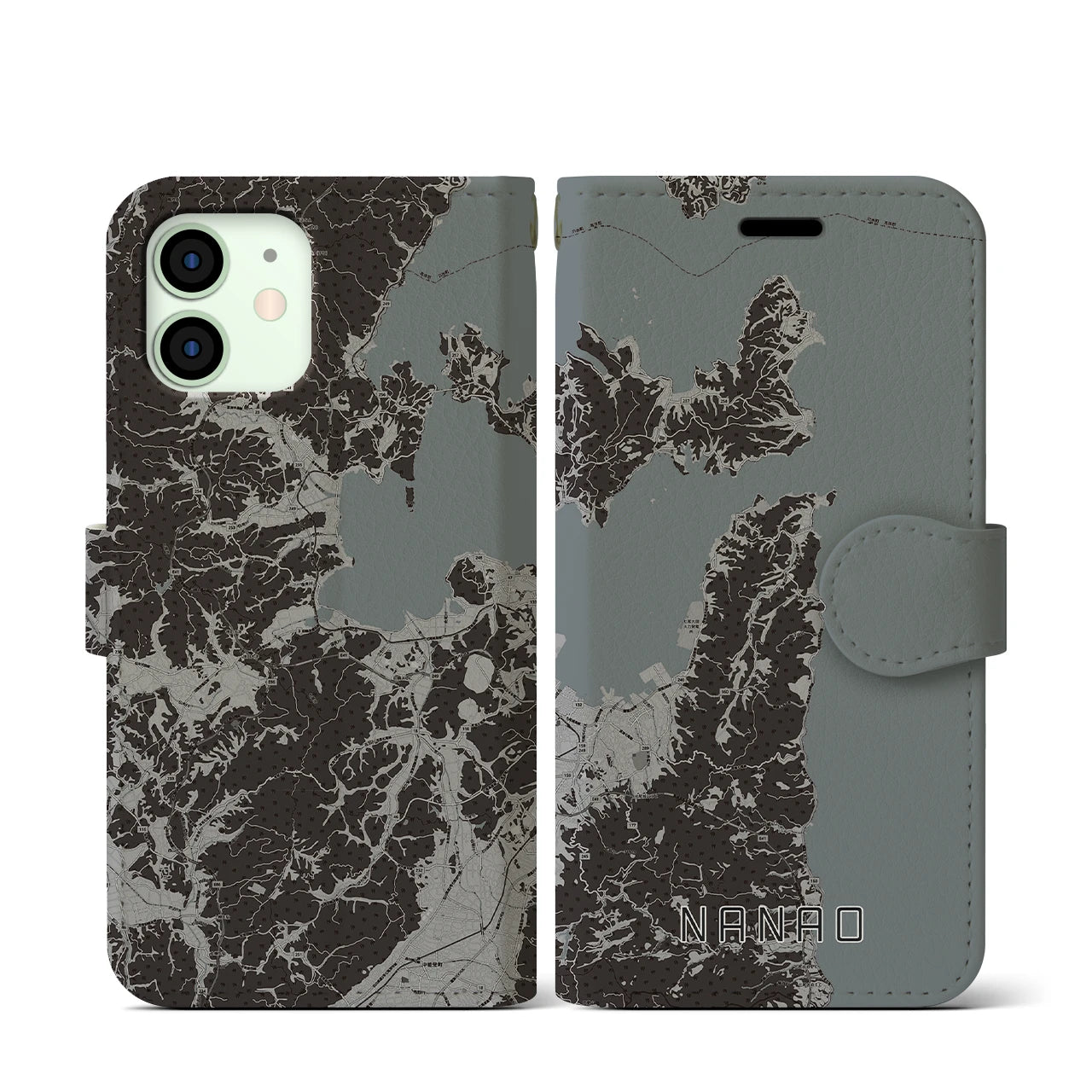 【七尾(石川県)】地図柄iPhoneケース(手帳タイプ)モノトーン・iPhone 12 mini 用