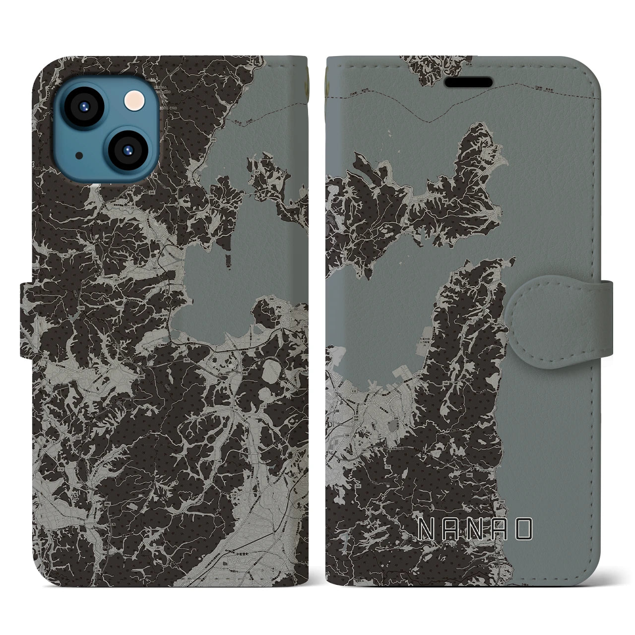 【七尾(石川県)】地図柄iPhoneケース(手帳タイプ)モノトーン・iPhone 13 用