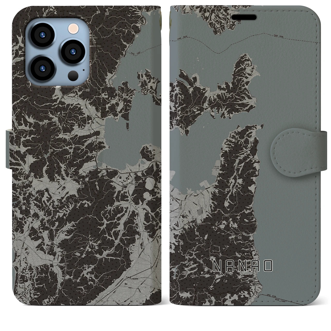 【七尾(石川県)】地図柄iPhoneケース(手帳タイプ)モノトーン・iPhone 13 Pro Max 用