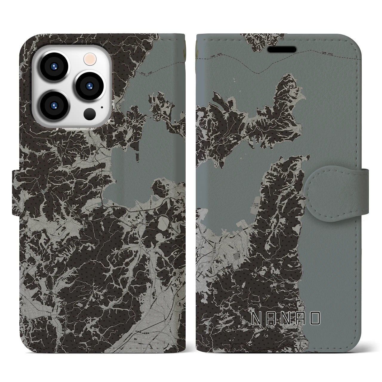 【七尾(石川県)】地図柄iPhoneケース(手帳タイプ)モノトーン・iPhone 13 Pro 用