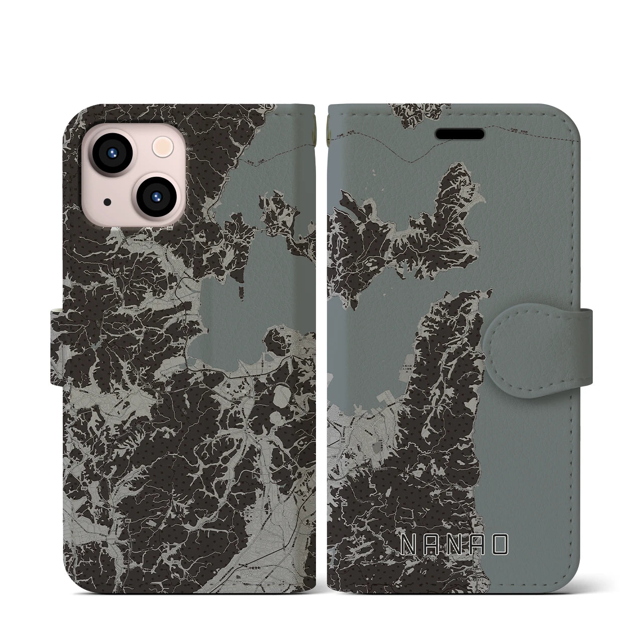 【七尾(石川県)】地図柄iPhoneケース(手帳タイプ)モノトーン・iPhone 13 mini 用