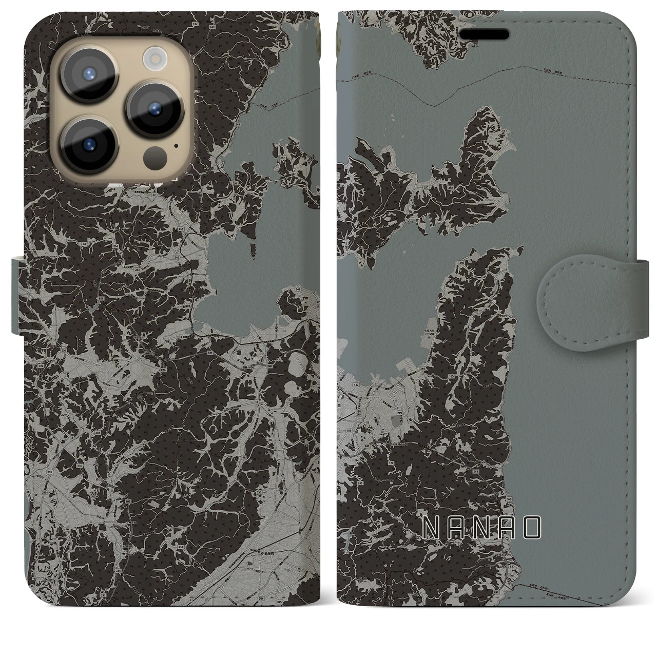 【七尾(石川県)】地図柄iPhoneケース(手帳タイプ)モノトーン・iPhone 14 Pro Max 用