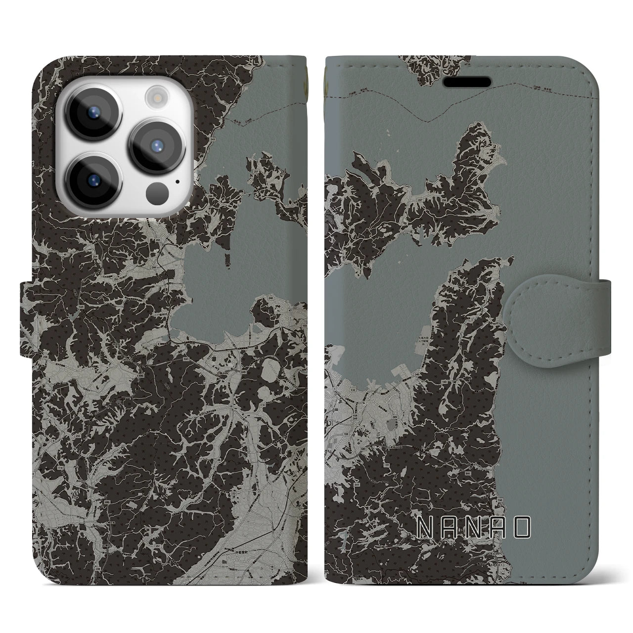 【七尾(石川県)】地図柄iPhoneケース(手帳タイプ)モノトーン・iPhone 14 Pro 用