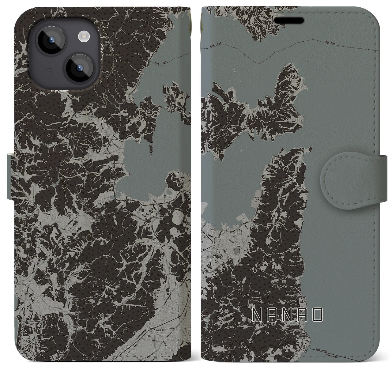 【七尾(石川県)】地図柄iPhoneケース(手帳タイプ)モノトーン・iPhone 14 Plus 用