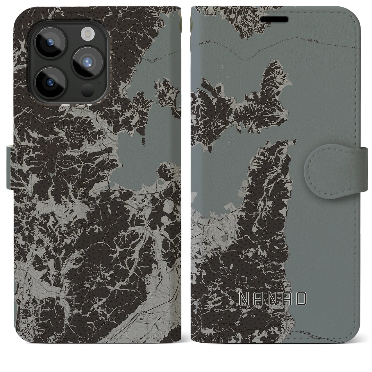 【七尾(石川県)】地図柄iPhoneケース(手帳タイプ)モノトーン・iPhone 15 Pro Max 用