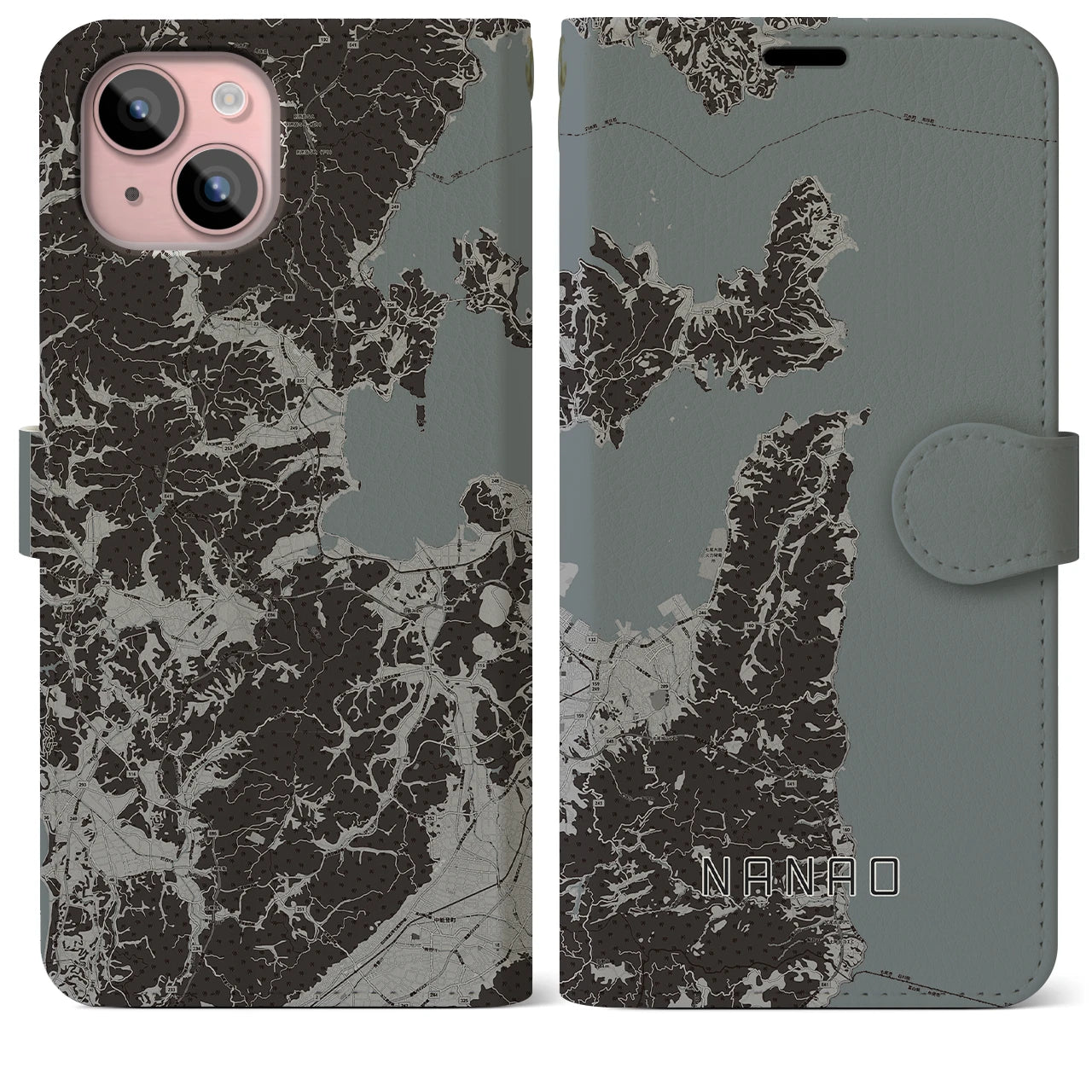 【七尾(石川県)】地図柄iPhoneケース(手帳タイプ)モノトーン・iPhone 15 Plus 用