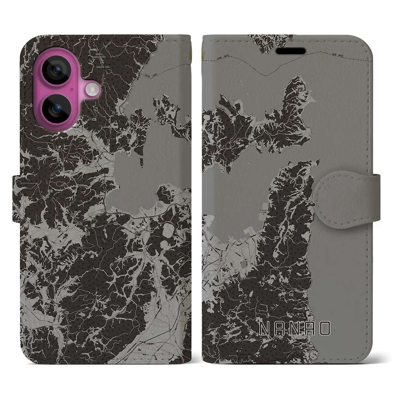 【七尾(石川県)】地図柄iPhoneケース(手帳タイプ)モノトーン・iPhone 16 Pro 用