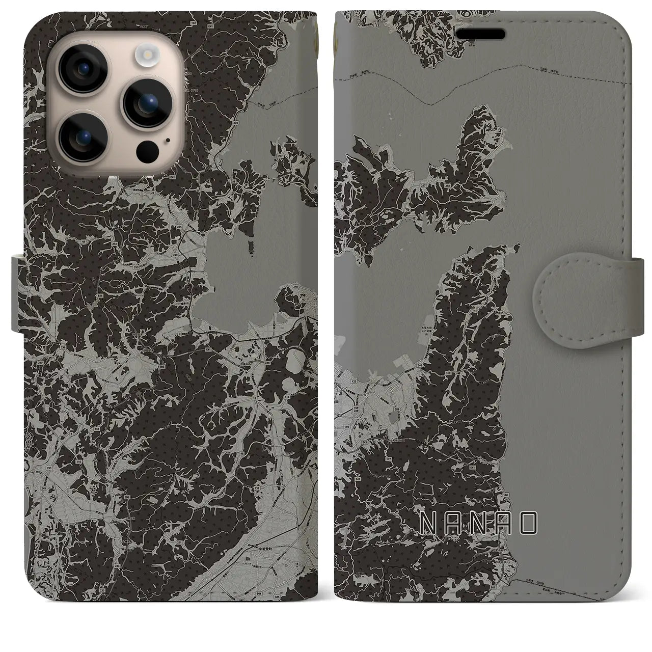 【七尾(石川県)】地図柄iPhoneケース(手帳タイプ)モノトーン・iPhone 16 Plus 用