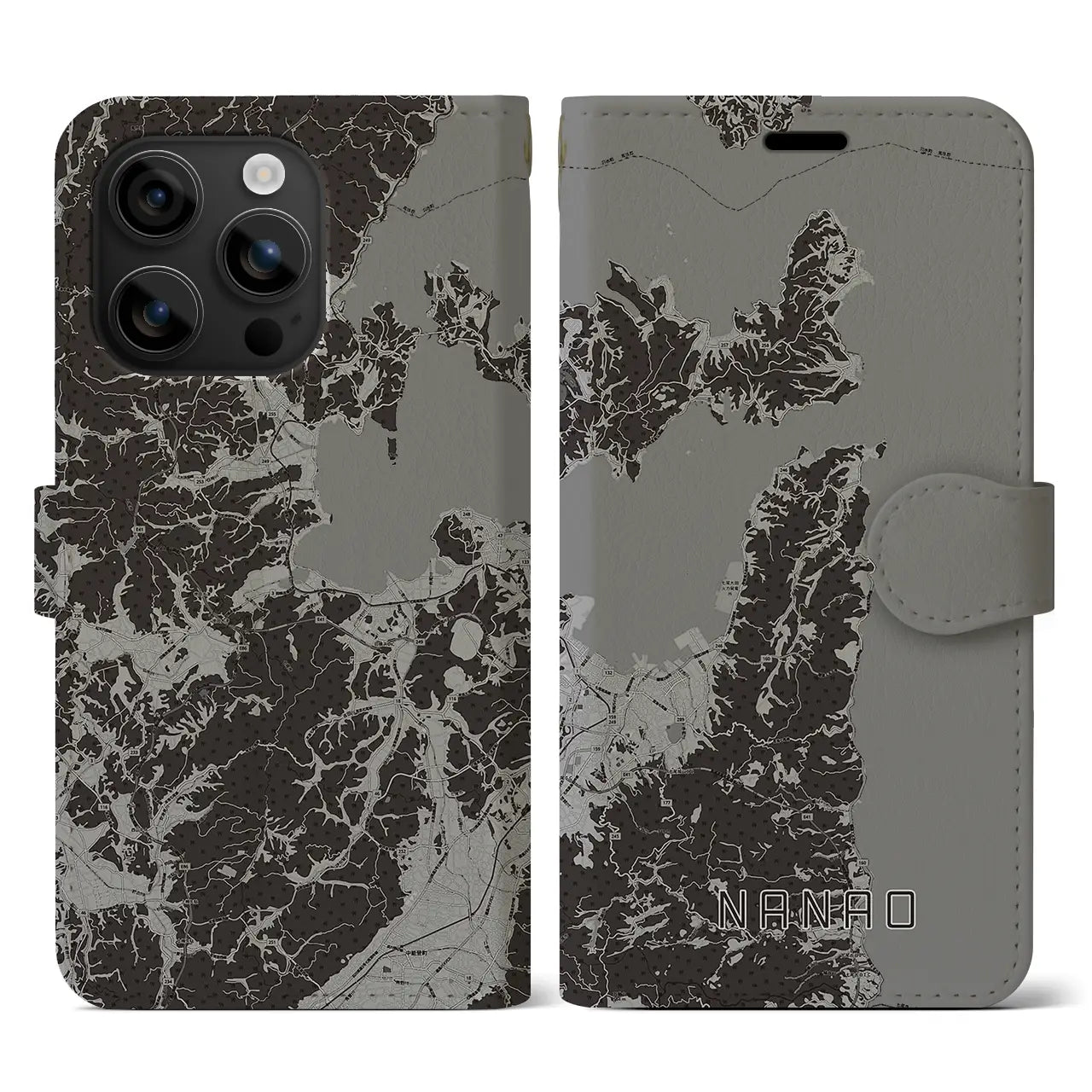 【七尾(石川県)】地図柄iPhoneケース(手帳タイプ)モノトーン・iPhone 16 用