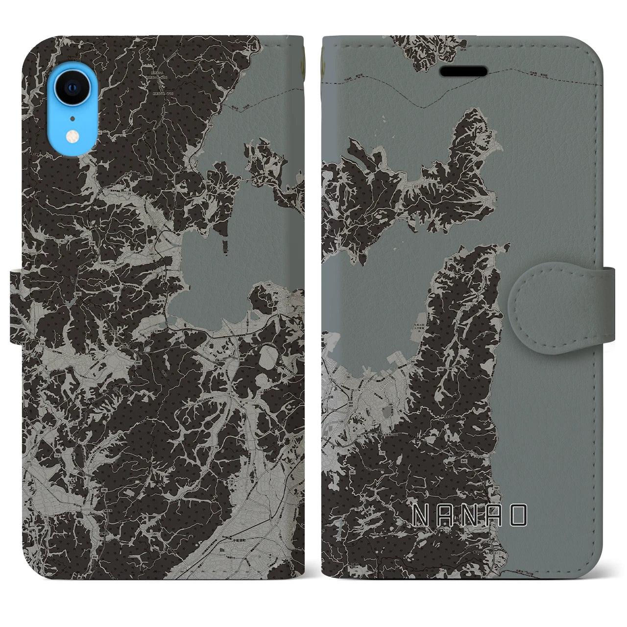 【七尾(石川県)】地図柄iPhoneケース(手帳タイプ)モノトーン・iPhone XR 用