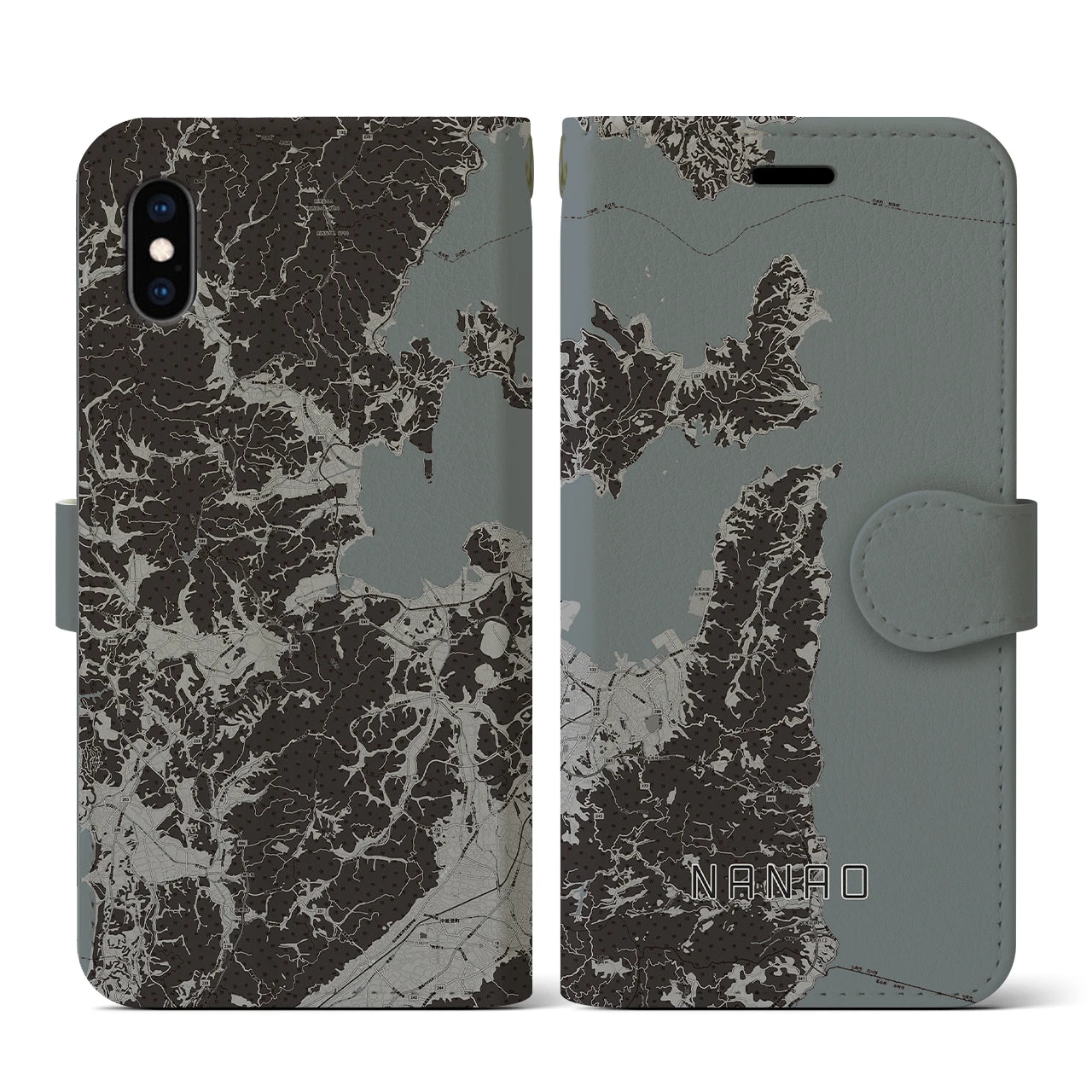 【七尾(石川県)】地図柄iPhoneケース(手帳タイプ)モノトーン・iPhone XS / X 用